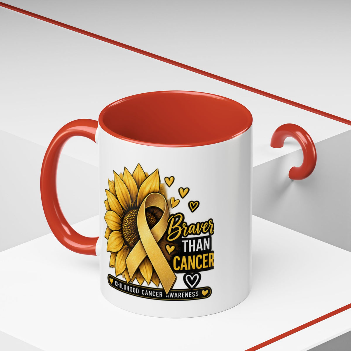 Childhood Cancer Awareness Mug — "Braver Than Cancer" Sunflower & Gold Ribbon