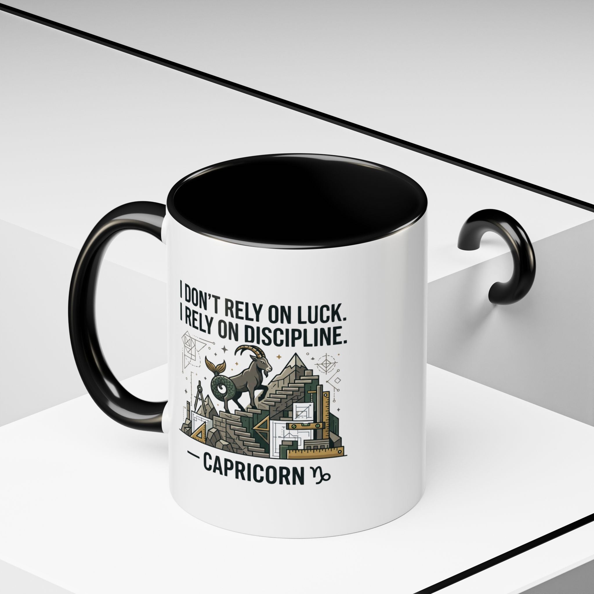 Capricorn Coffee Mug — “I Don’t Rely on Luck. I Rely on Discipline.” Accent Ceramic Mug