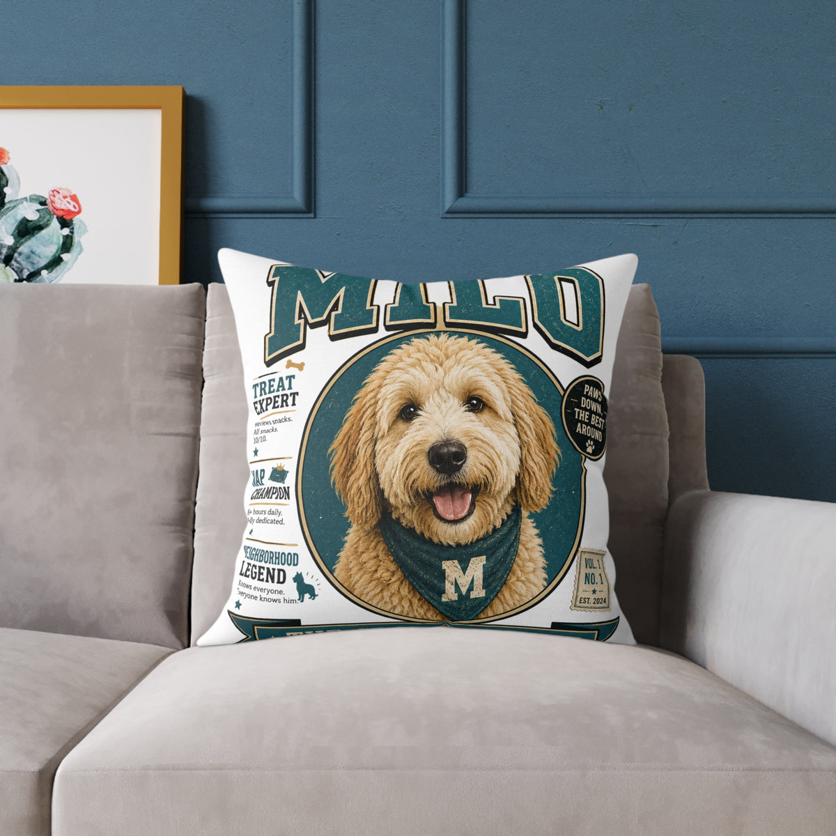 Personalized Dog Portrait Pillow — Milo Bailey Dog Dad Mom  'Milo' Vintage Pet Photo Square Throw Pillow