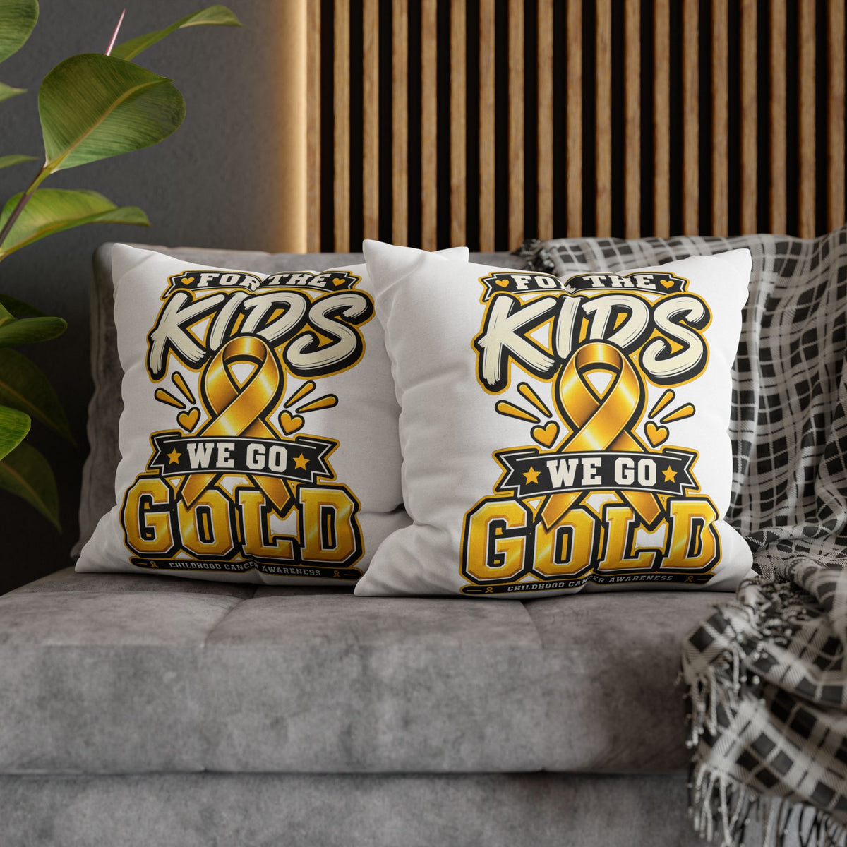 “For the Kids We Go Gold” Awareness Pillowcase — Childhood Cancer Ribbon Throw Pillow