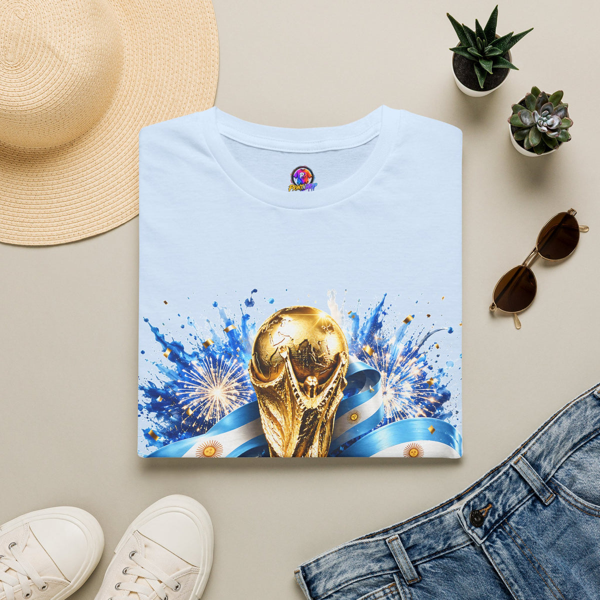 Argentina World Cup Champions T-Shirt — Gold Trophy Celebration Tee