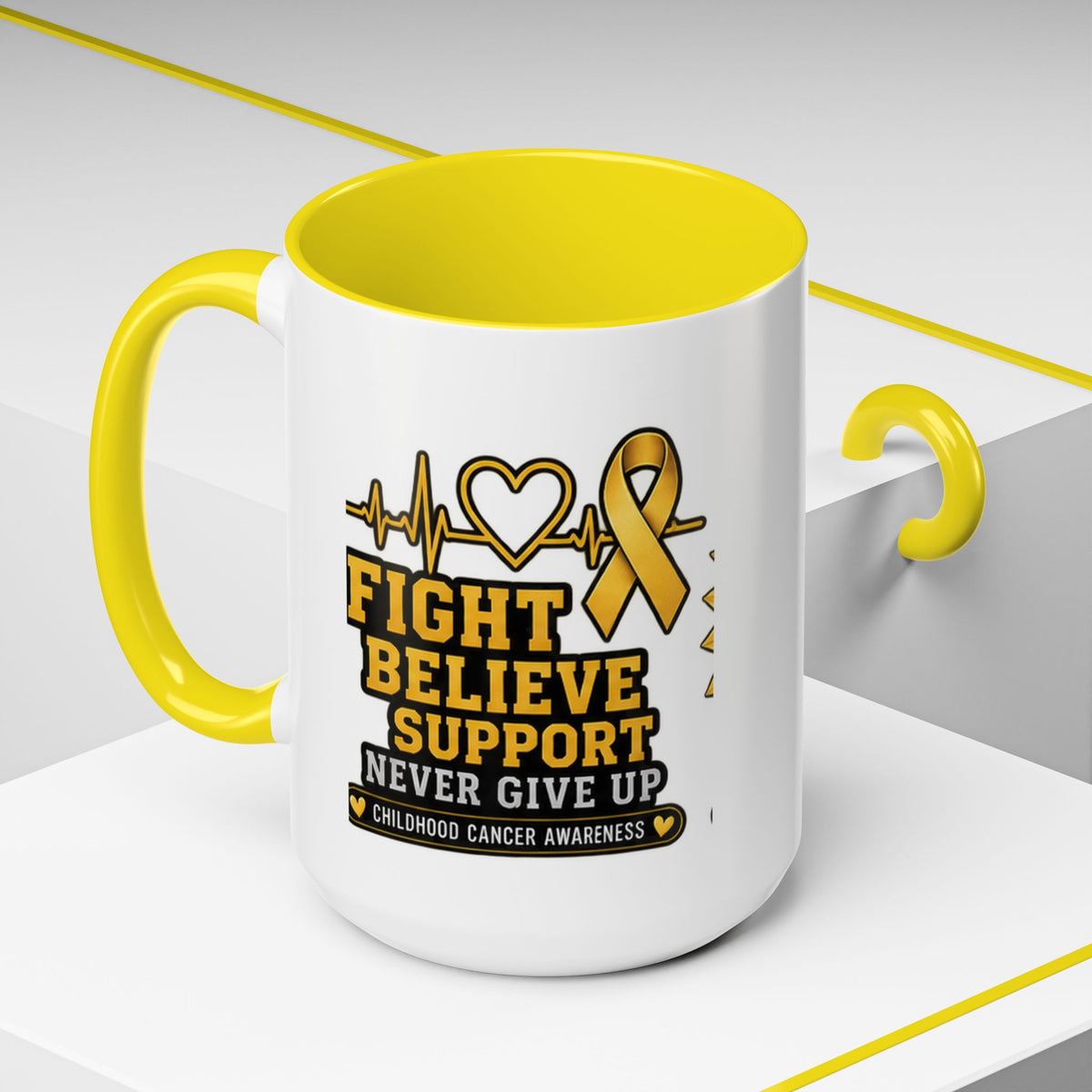 Childhood Cancer Awareness Accent Coffee Mug — "Fight Believe Support" 11/15oz