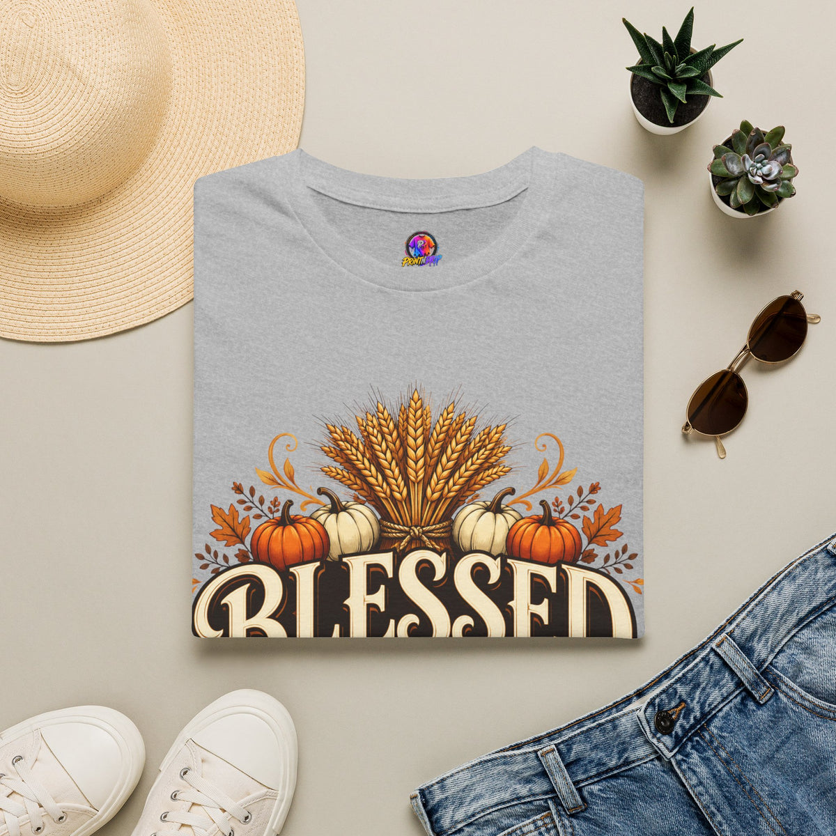 Thanksgiving T-Shirt Blessed Beyond Measure T-Shirt — Fall Harvest Pumpkin & Wheat Tee