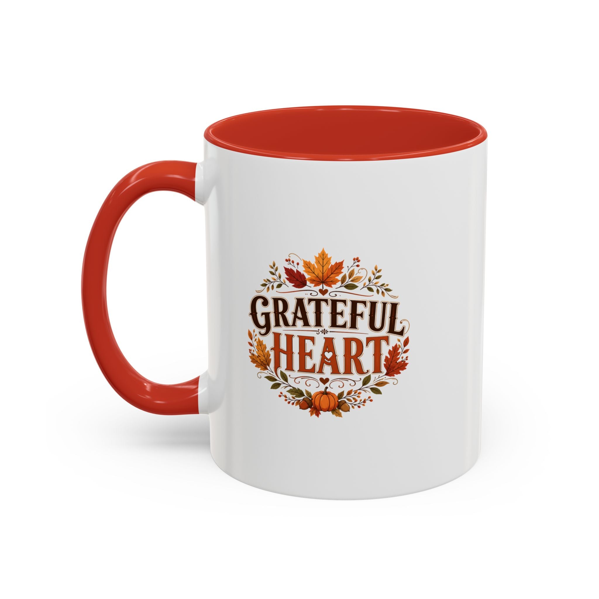 Thanksgiving Mug Grateful Heart Coffee Mug — Fall Leaves Pumpkin Accent Mug