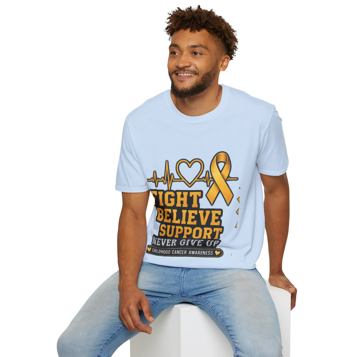 Childhood Cancer Awareness T-Shirt – "Fight Believe Support Never Give Up" Gold Ribbon Tee