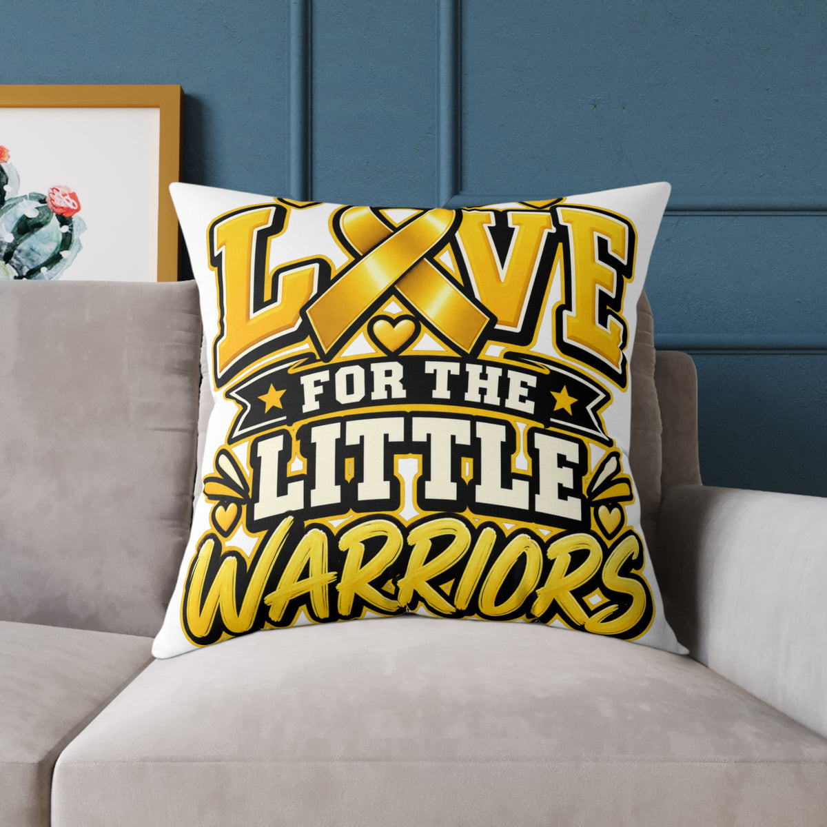 Childhood Cancer Square Pillow - "Love for the Little Warriors" Yellow Ribbon Kids Cancer Awareness Throw Pillow