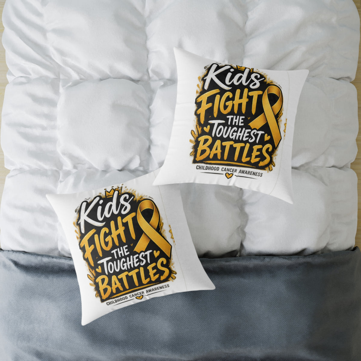 Square Throw Pillow – Kids Fight the Toughest Battles (Childhood Cancer Awareness Gold Ribbon)