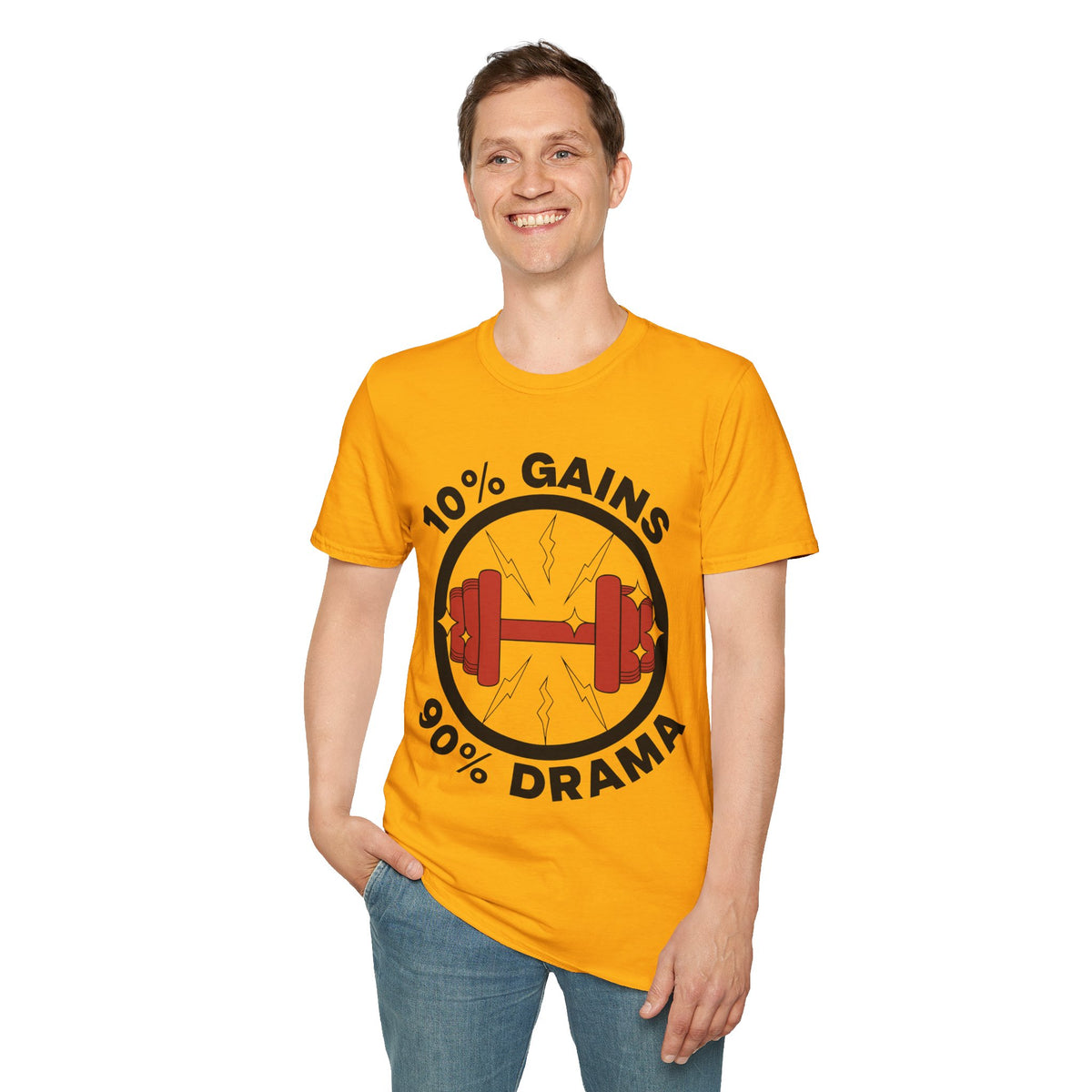 10% Gains 90% Drama Red Barbell T-Shirt - Funny Gym Circle Logo Graphic Tee - Trending Now - September 2026