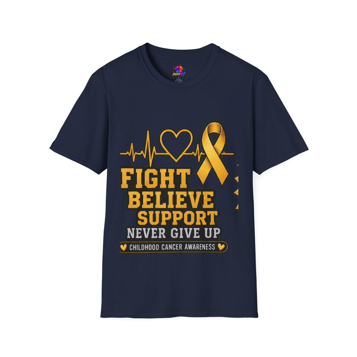 Childhood Cancer Awareness T-Shirt – "Fight Believe Support Never Give Up" Gold Ribbon Tee