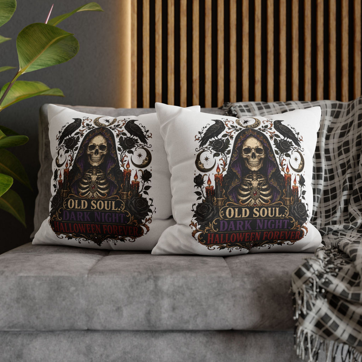 Halloween Skull Pillowcase — "Old Soul Dark Night" Spun Polyester Square Pillow