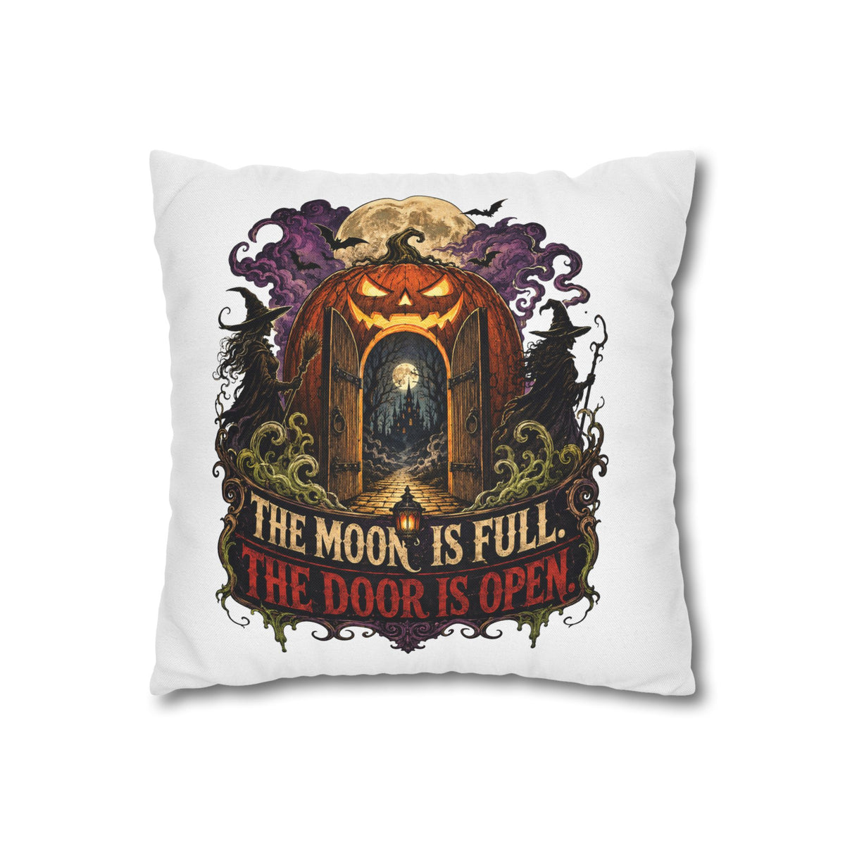 Halloween Pumpkin Door Pillowcase - "The Moon Is Full, The Door Is Open" Spun Polyester Throw Pillow