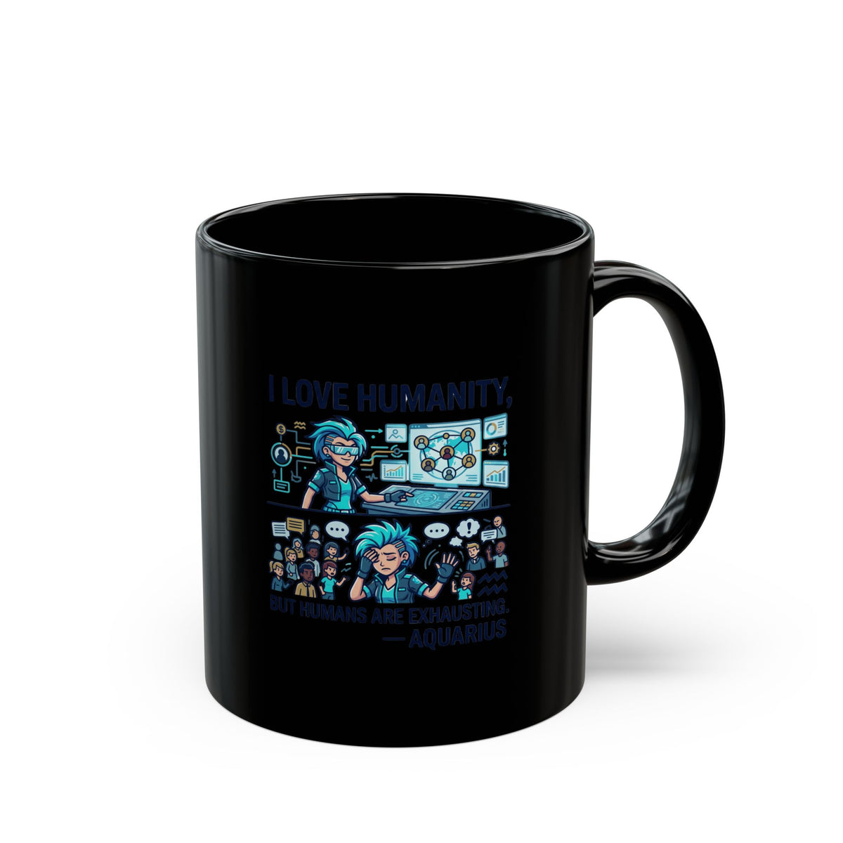 Aquarius Zodiac I Love Humanity Scientist Cartoon Mug — Funny Geek Coffee Cup