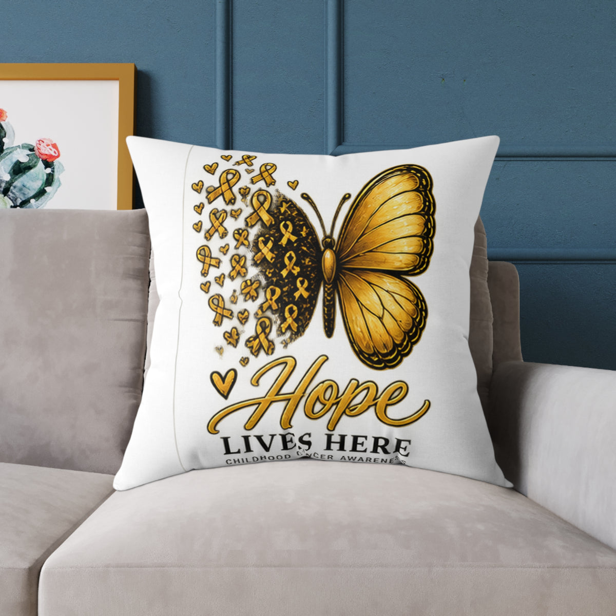 Childhood Cancer Hope Lives Here Butterfly Pillow — Gold Awareness Ribbon Accent