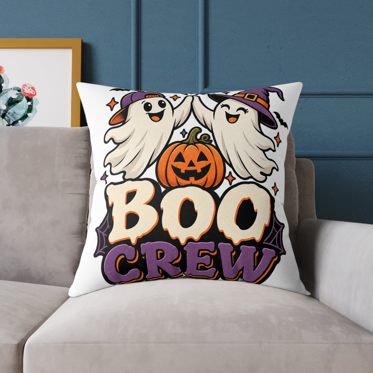 Halloween Boo Crew Pillow — Cute Ghosts & Pumpkin Square Throw Pillow
