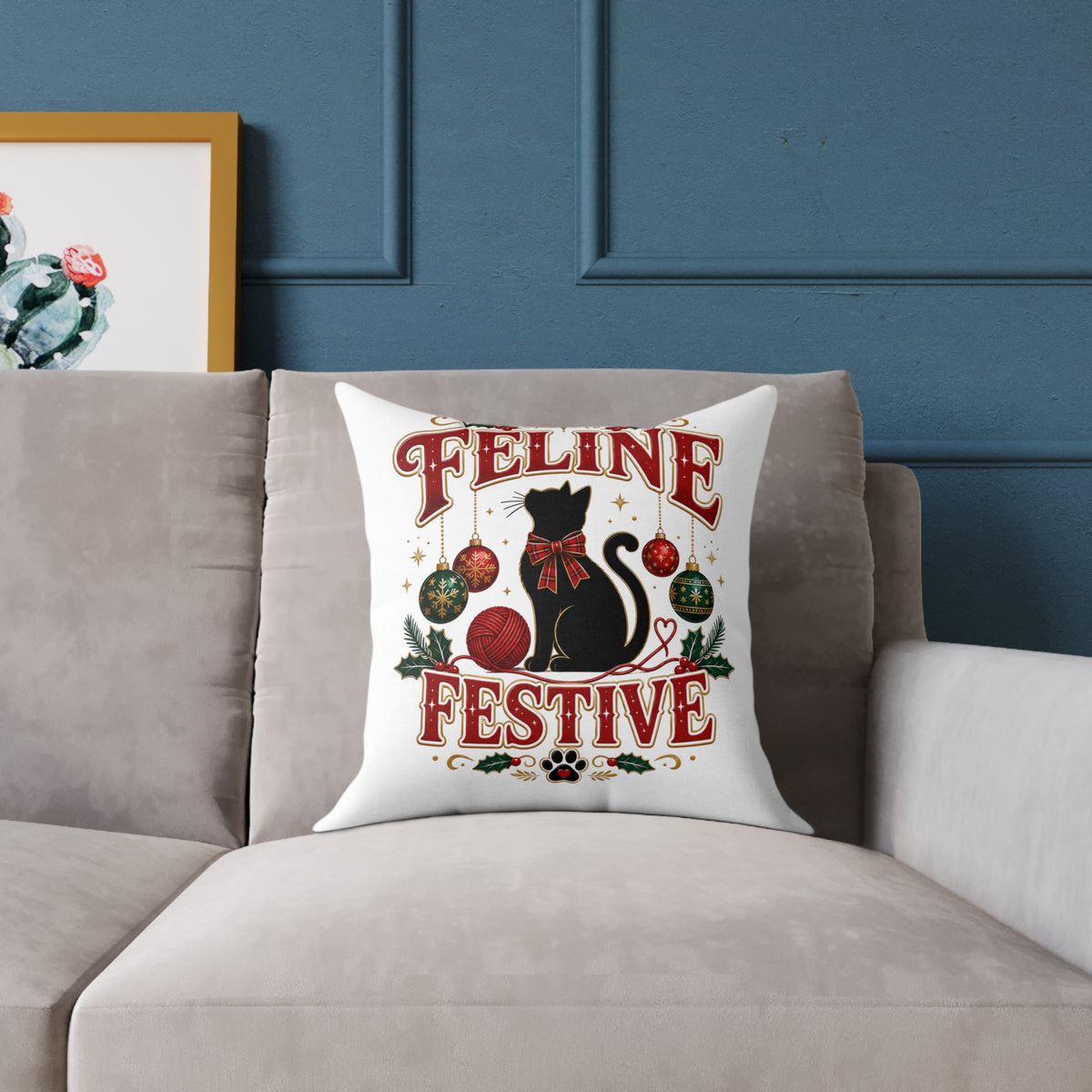 Christmas Feline Festive Square Pillow - Holiday Cat Decor