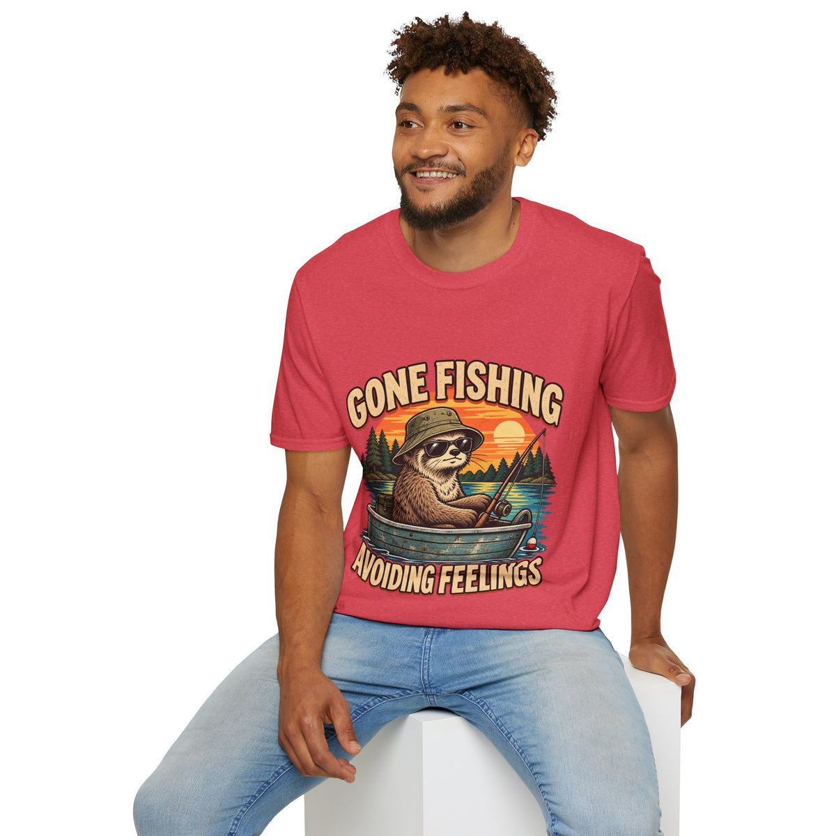 Funny And Witty T-Shirt — “Gone Fishing, Avoiding Feelings” Sloth Fishing Graphic Tee