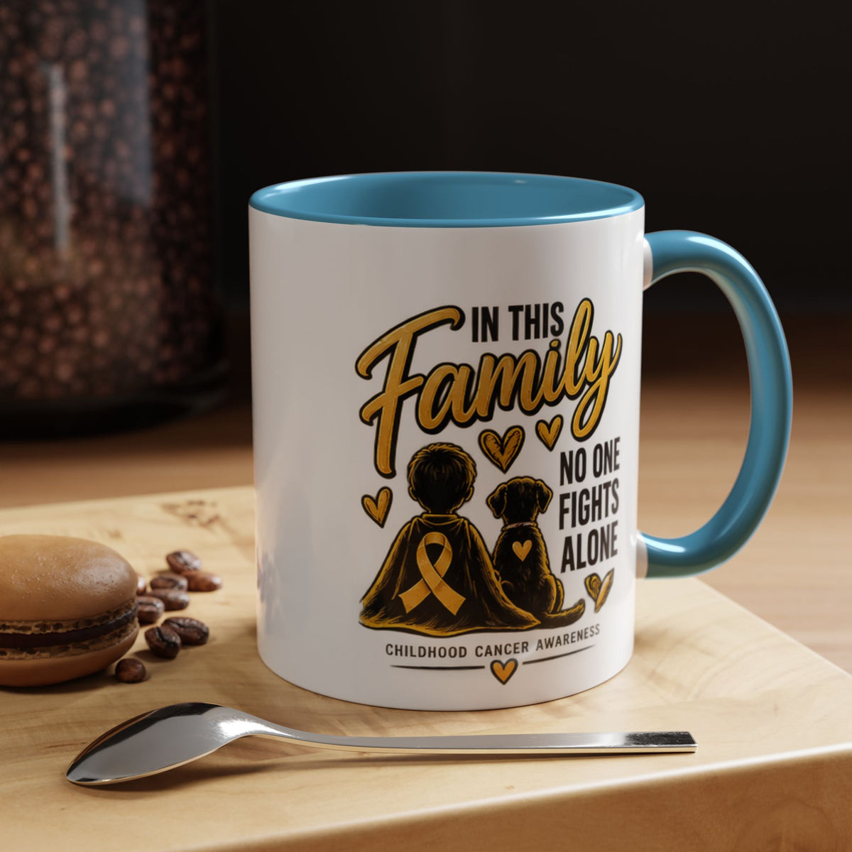 Childhood Cancer Awareness Coffee Mug — "In This Family No One Fights Alone"