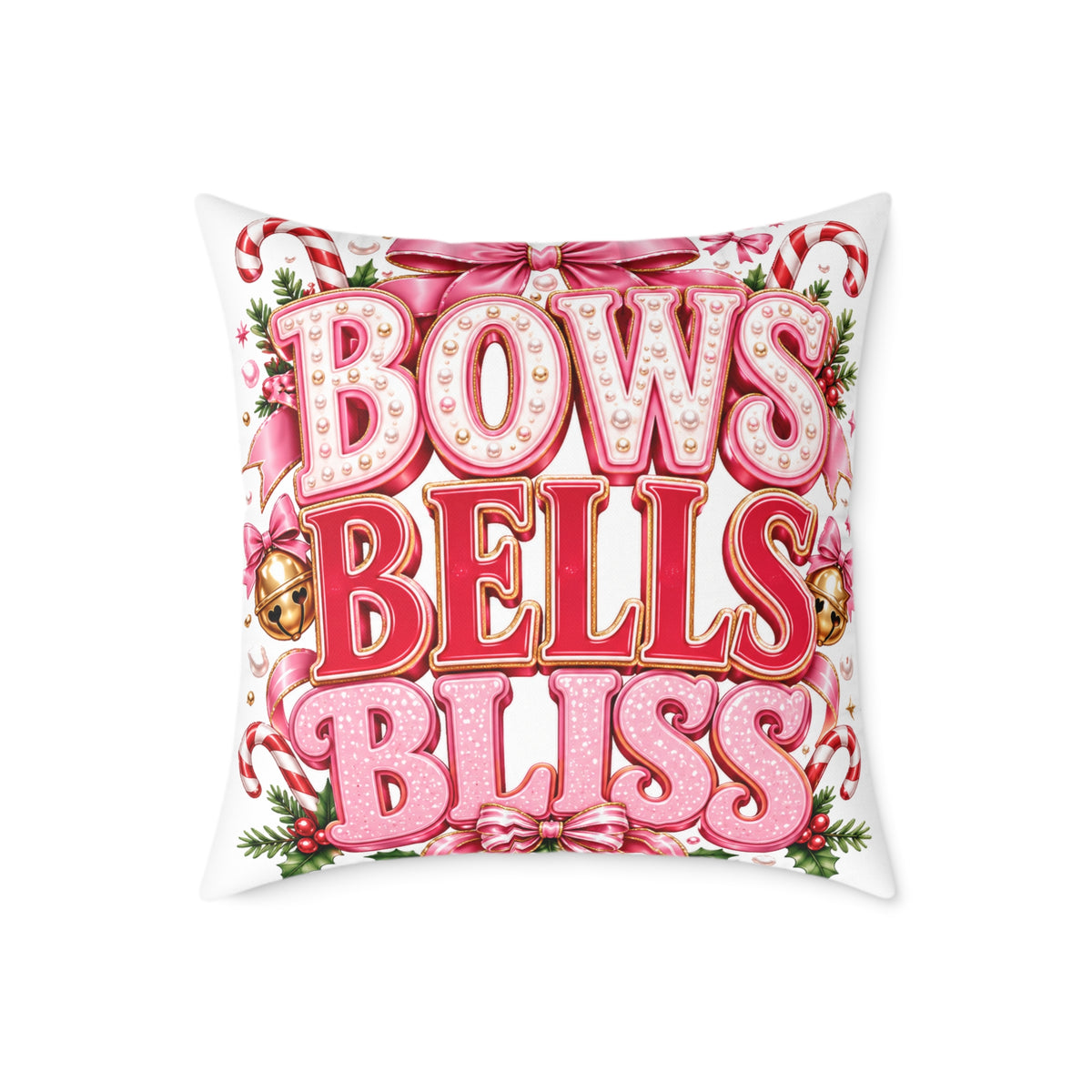 Bows Bells Bliss Modern Day Christmas Square Poly Canvas Pillow