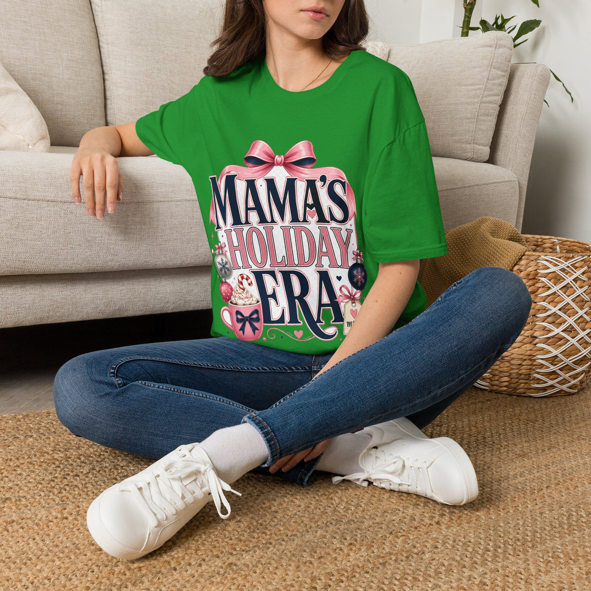 Mama's Holiday Era T-Shirt — Festive Pink Bow Christmas Tee for Moms