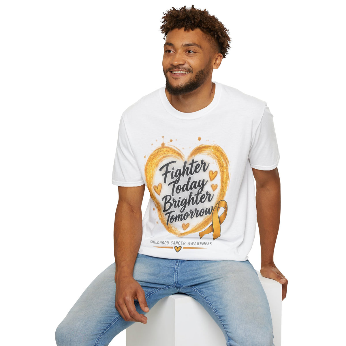 Childhood Cancer Awareness T-Shirt — "Fighter Today Brighter Tomorrow" Gold Ribbon