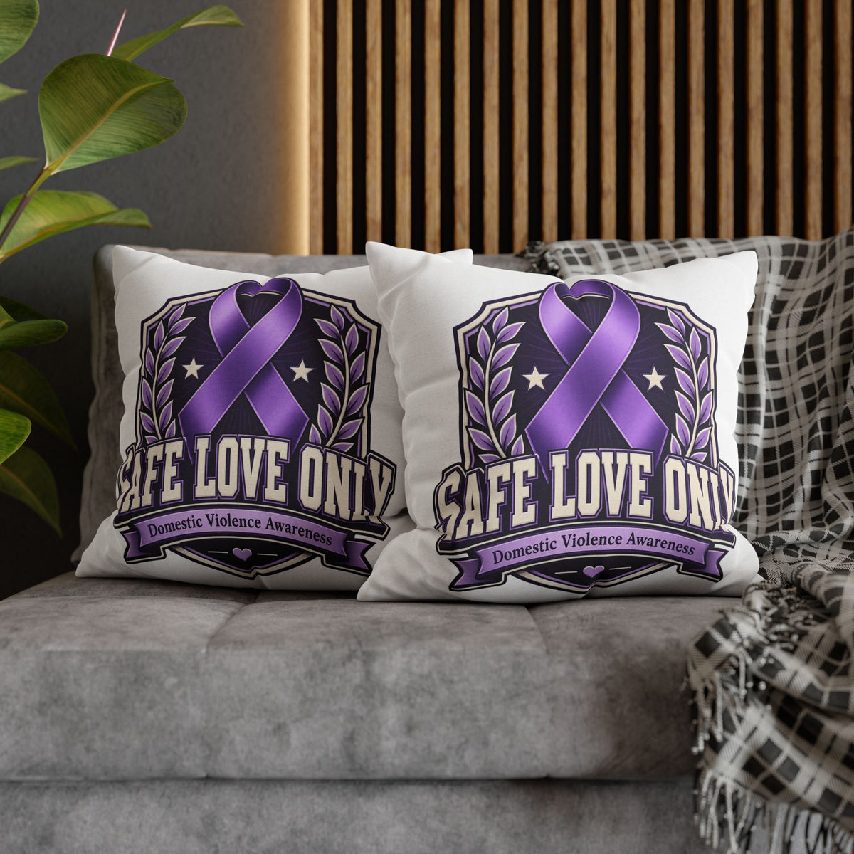 Domestic Violence Awareness Pillow — "Safe Love Only" Purple Ribbon Accent