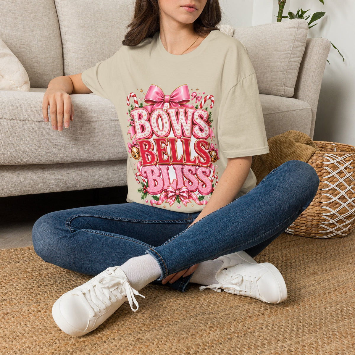Bows Bells Bliss Christmas T‑Shirt — Pink Holiday Bow Graphic