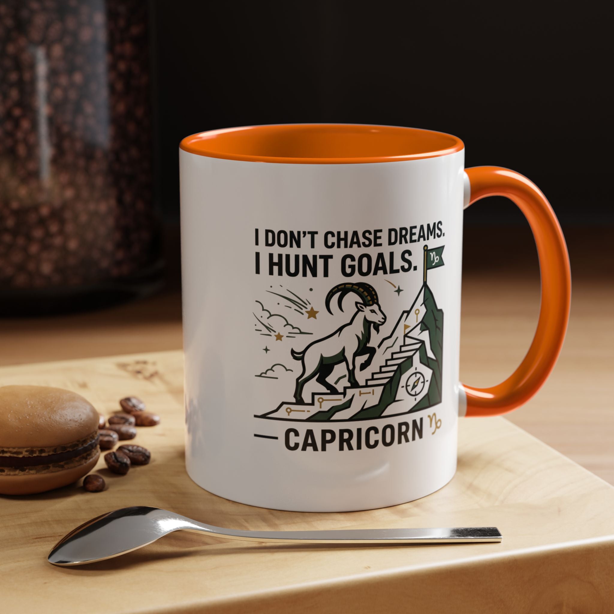 Capricorn Coffee Mug — “I Don't Chase Dreams, I Hunt Goals” Zodiac Accent Mug