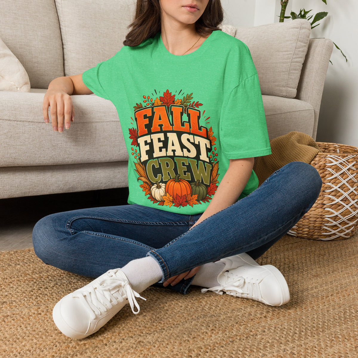 Thanksgiving T-Shirt Fall Feast Crew T-Shirt — Thanksgiving Pumpkin & Leaves Graphic Tee