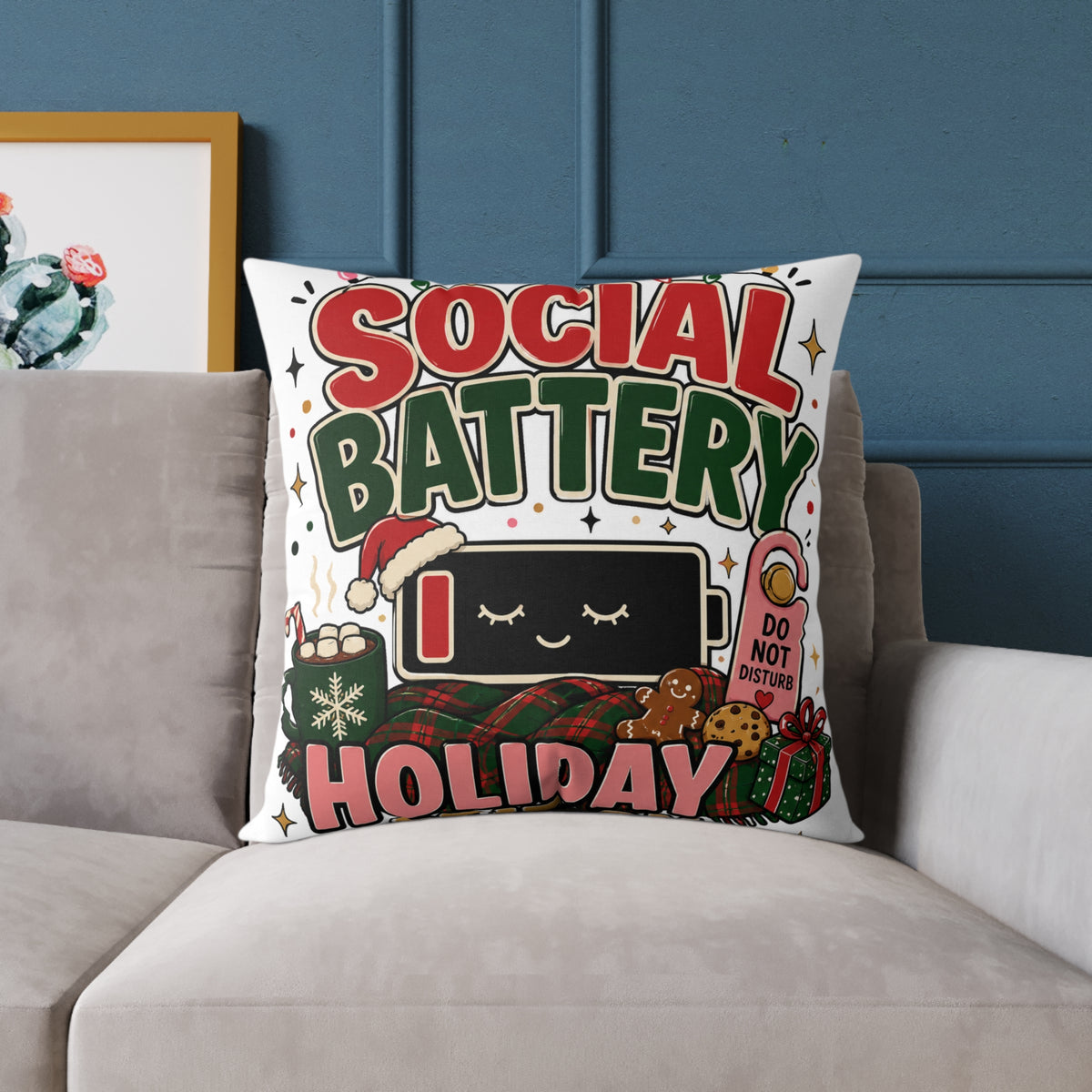 Social Battery Holiday Modern Day Christmas Pillow — Cute Low Energy Christmas Throw Pillow