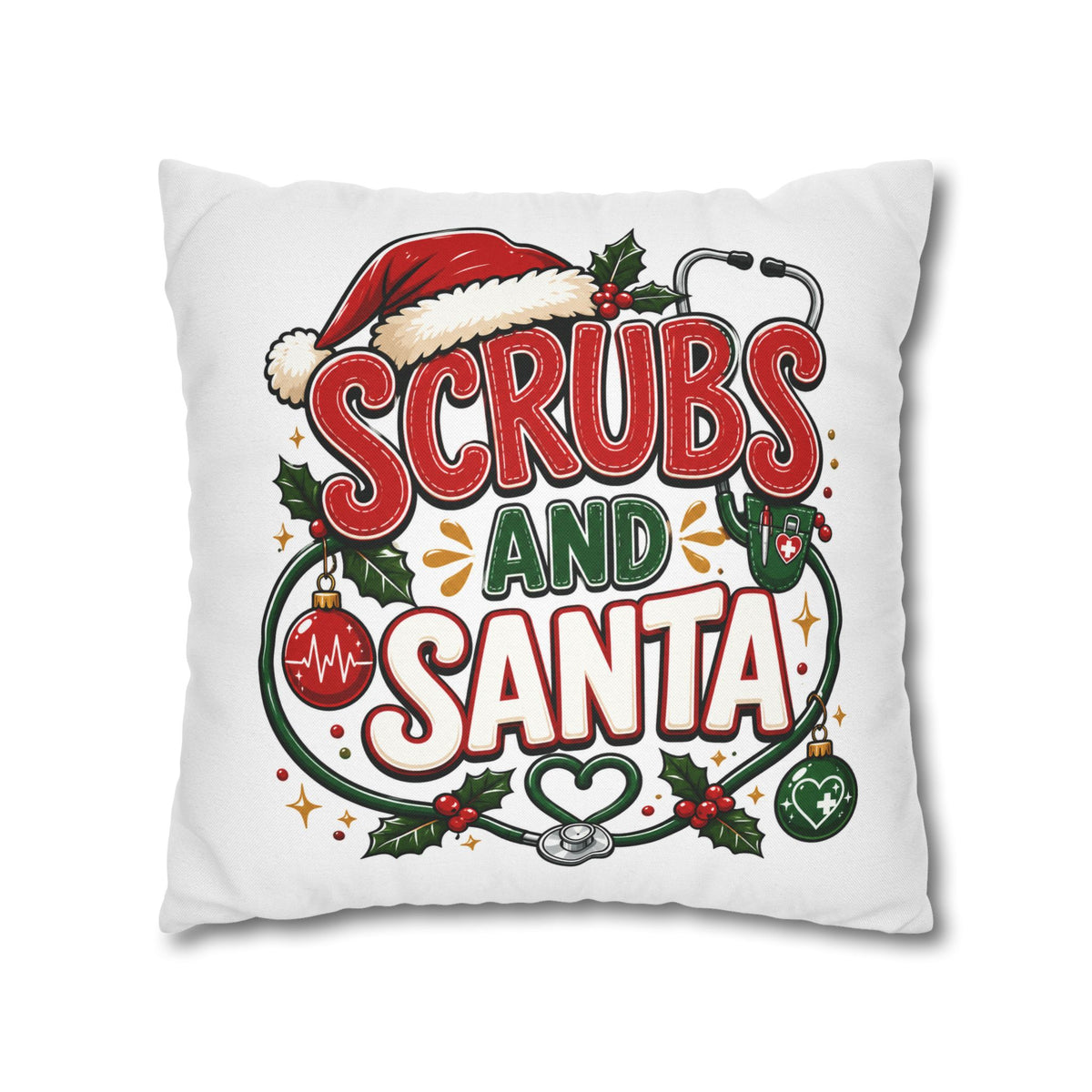 Christmas Scrubs and Santa Holiday Pillowcase – Christmas Nurse Decorative Throw Pillow Cover