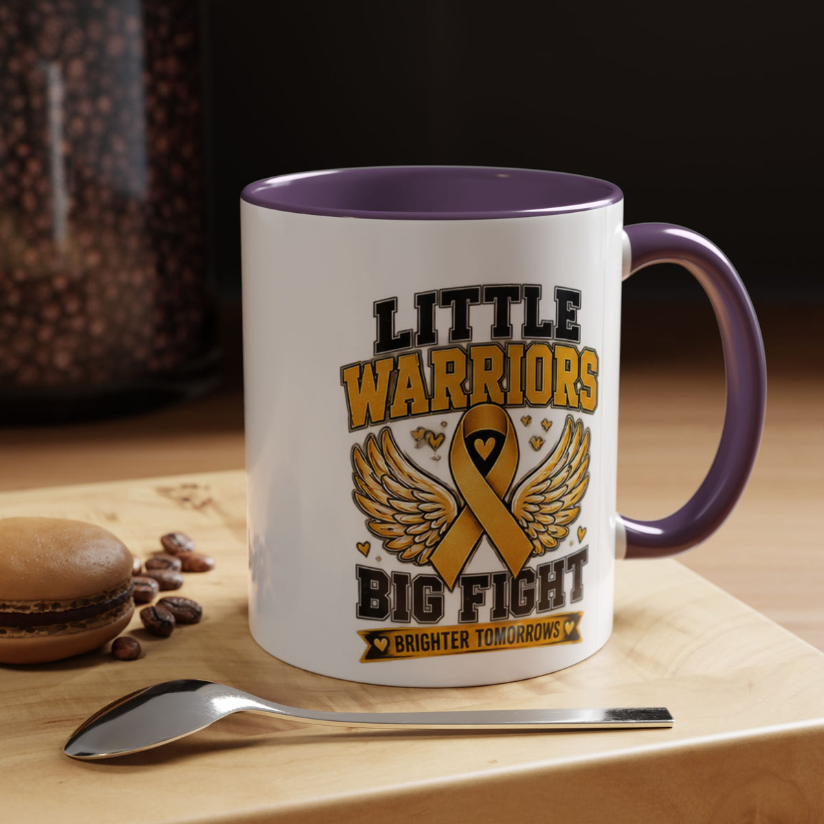 Little Warriors Big Fight Childhood Cancer Awareness Coffee Mug — Gold Ribbon Support Accent Mug