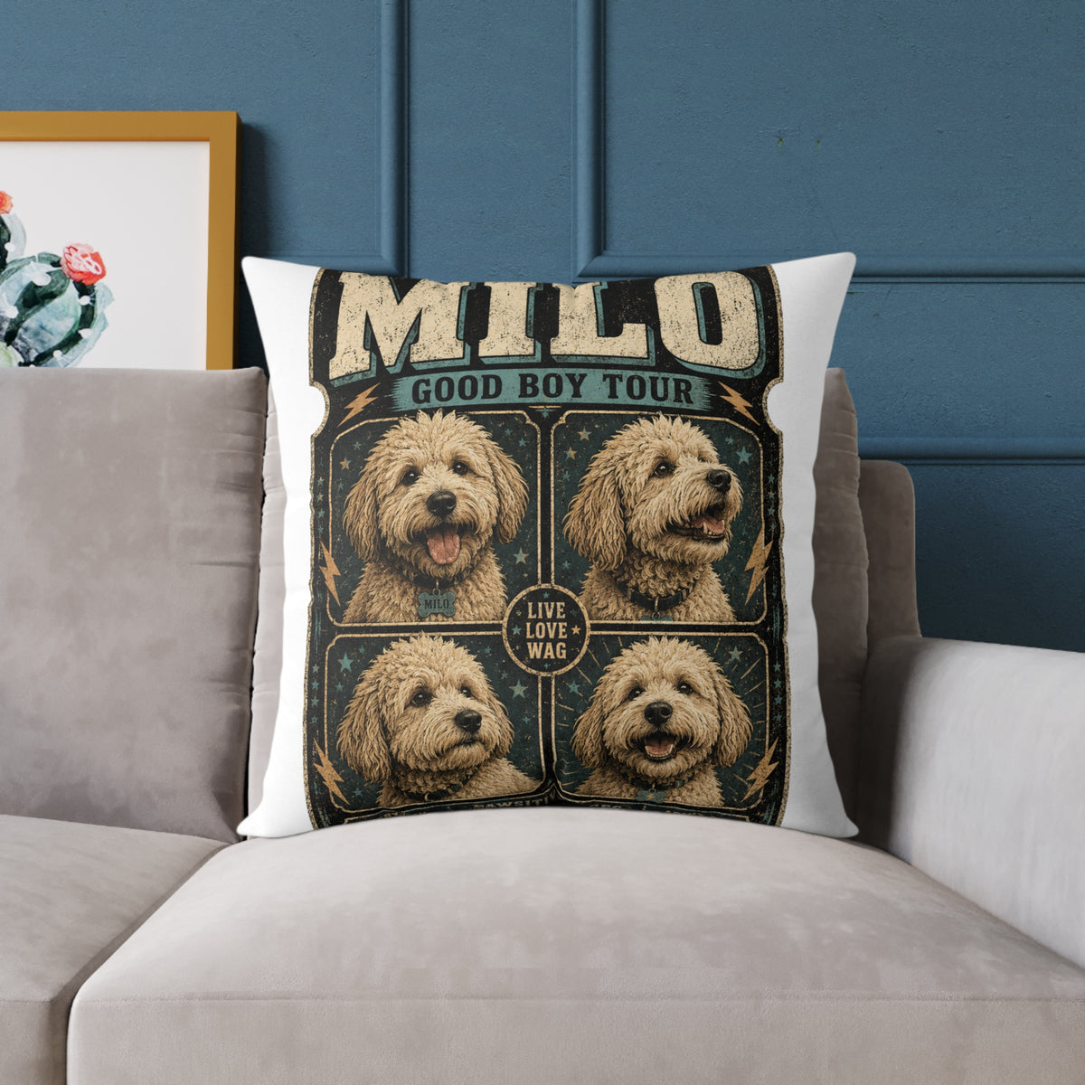 Milo "Good Boy Tour" Dog Photo Square Pillow  Milo Bailey Dog Dad Mom — Cute Pet Portrait Throw Pillow
