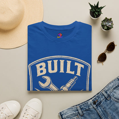 Built Not Bought T-Shirt — Vintage Mechanic Wrench & Spark Plug Design