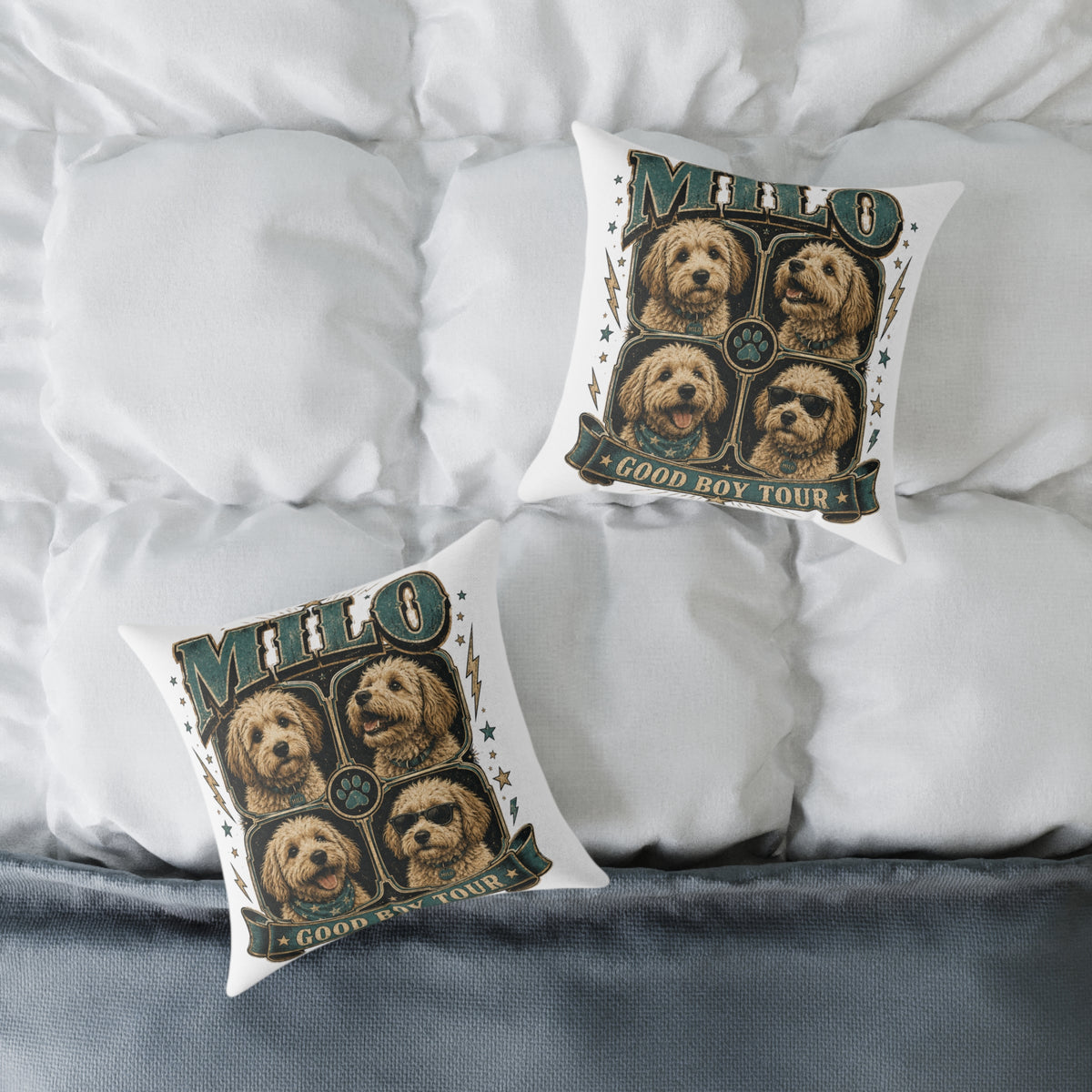 Milo 'Good Boy Tour' Square Canvas Pillow — Dog Portrait Decorative Throw Pillow
