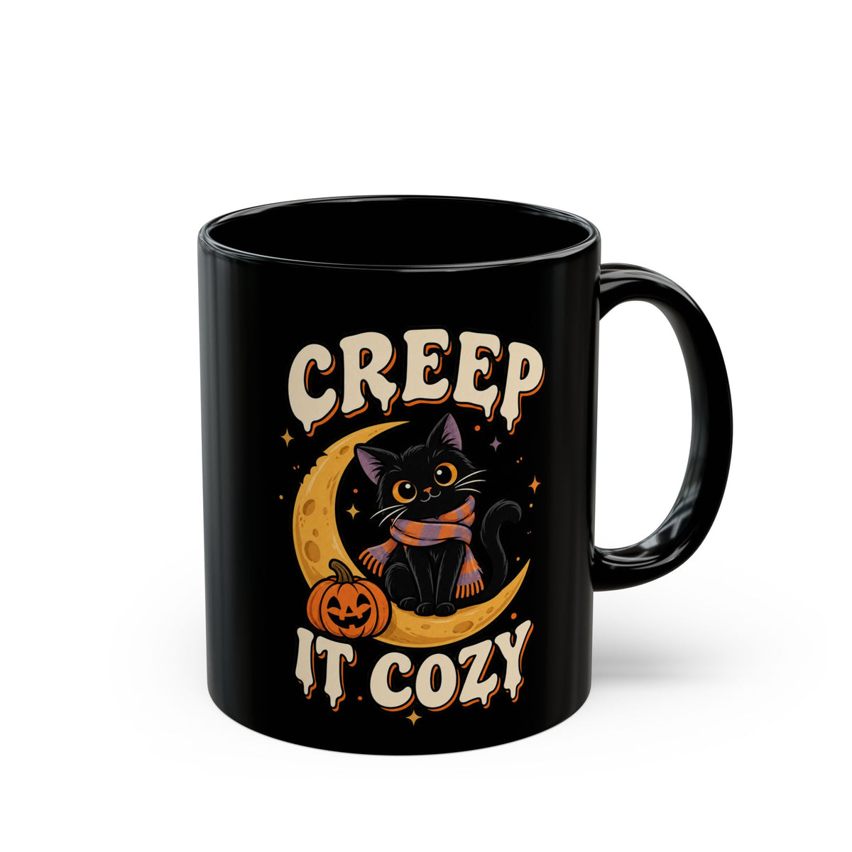 Creep It Cozy Black Mug — Halloween Cat Moon Coffee Cup (11oz & 15oz)