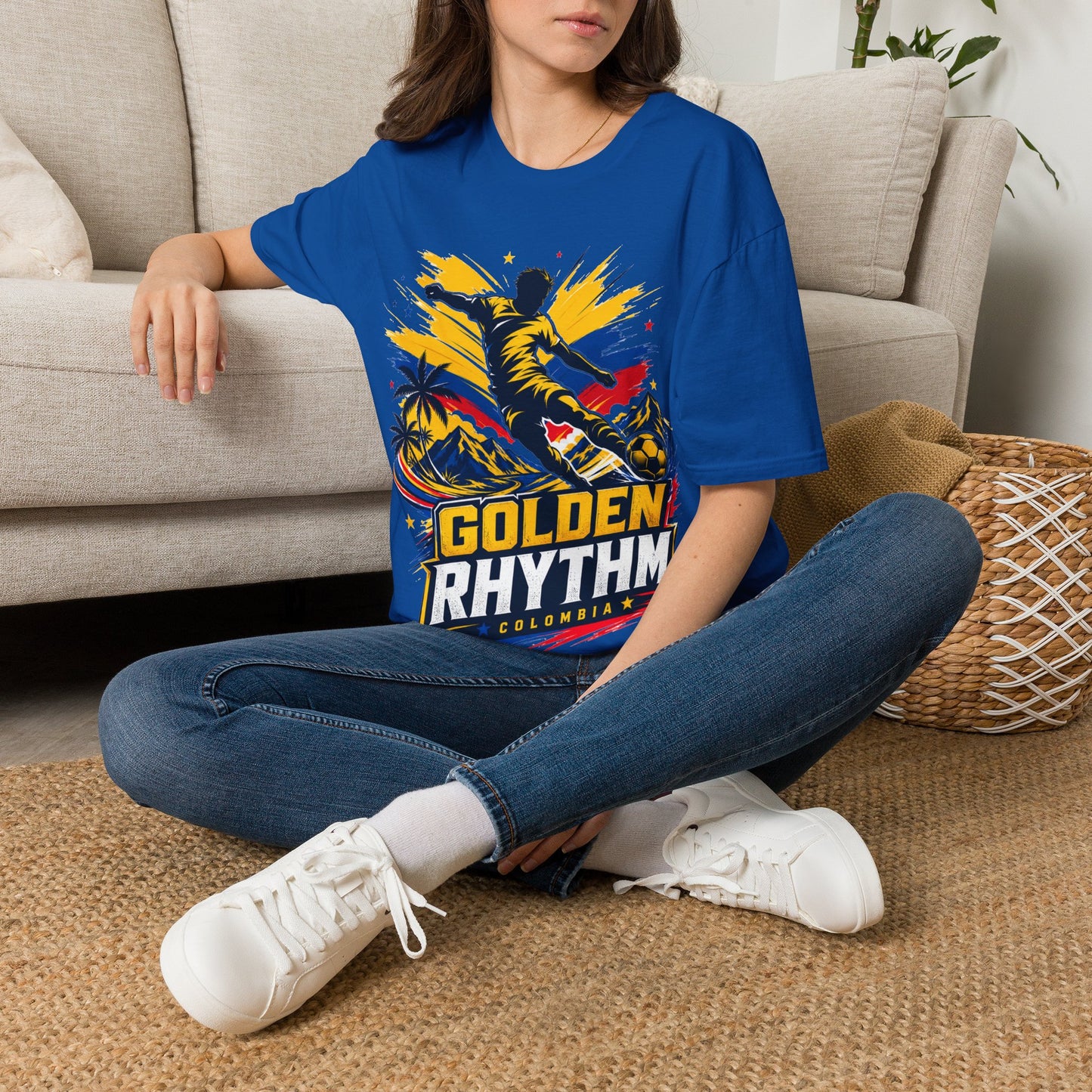 Columbia Soccer Player Graphic T-Shirt — "Golden Rhythm" Vibrant Beach Soccer Tee