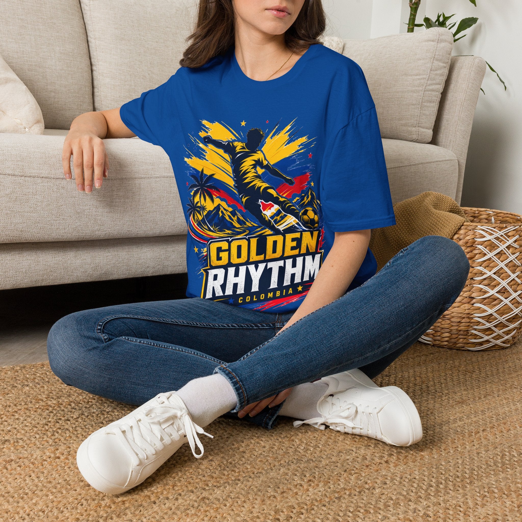 Columbia Soccer Player Graphic T-Shirt — "Golden Rhythm" Vibrant Beach Soccer Tee