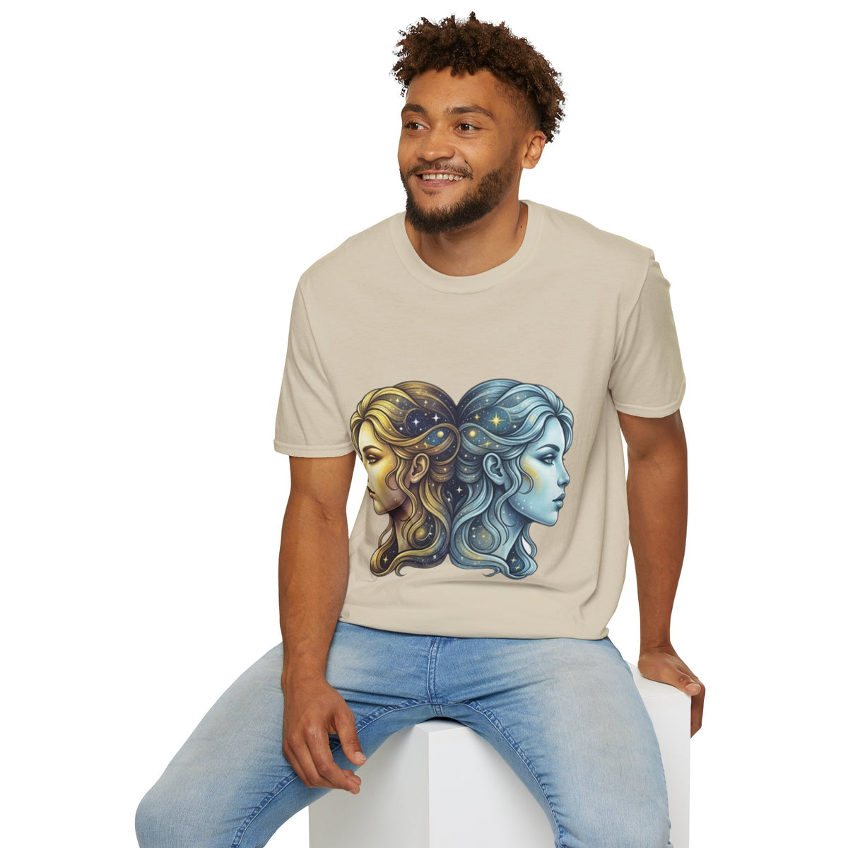 Zodiac Gemini Sun & Moon T-Shirt — Dual Faces Cosmic Design