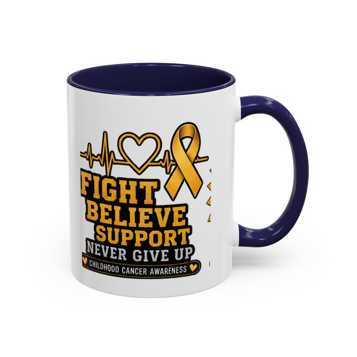 Childhood Cancer Awareness Accent Coffee Mug — "Fight Believe Support" 11/15oz