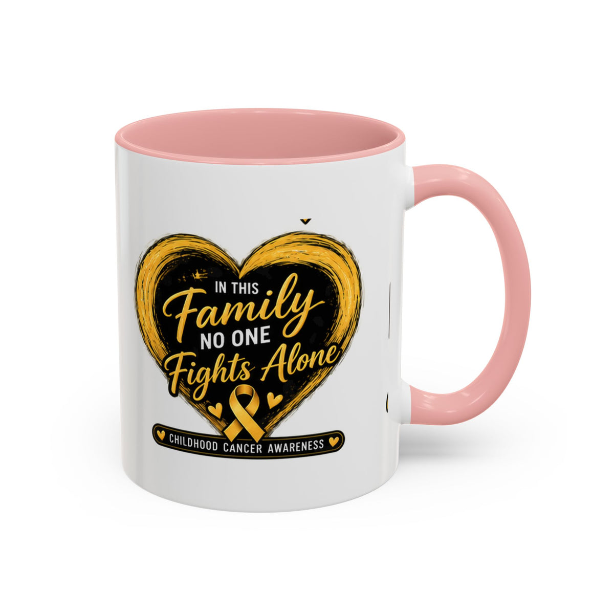 Childhood Cancer Awareness Accent Coffee Mug — "In This Family No One Fights Alone"