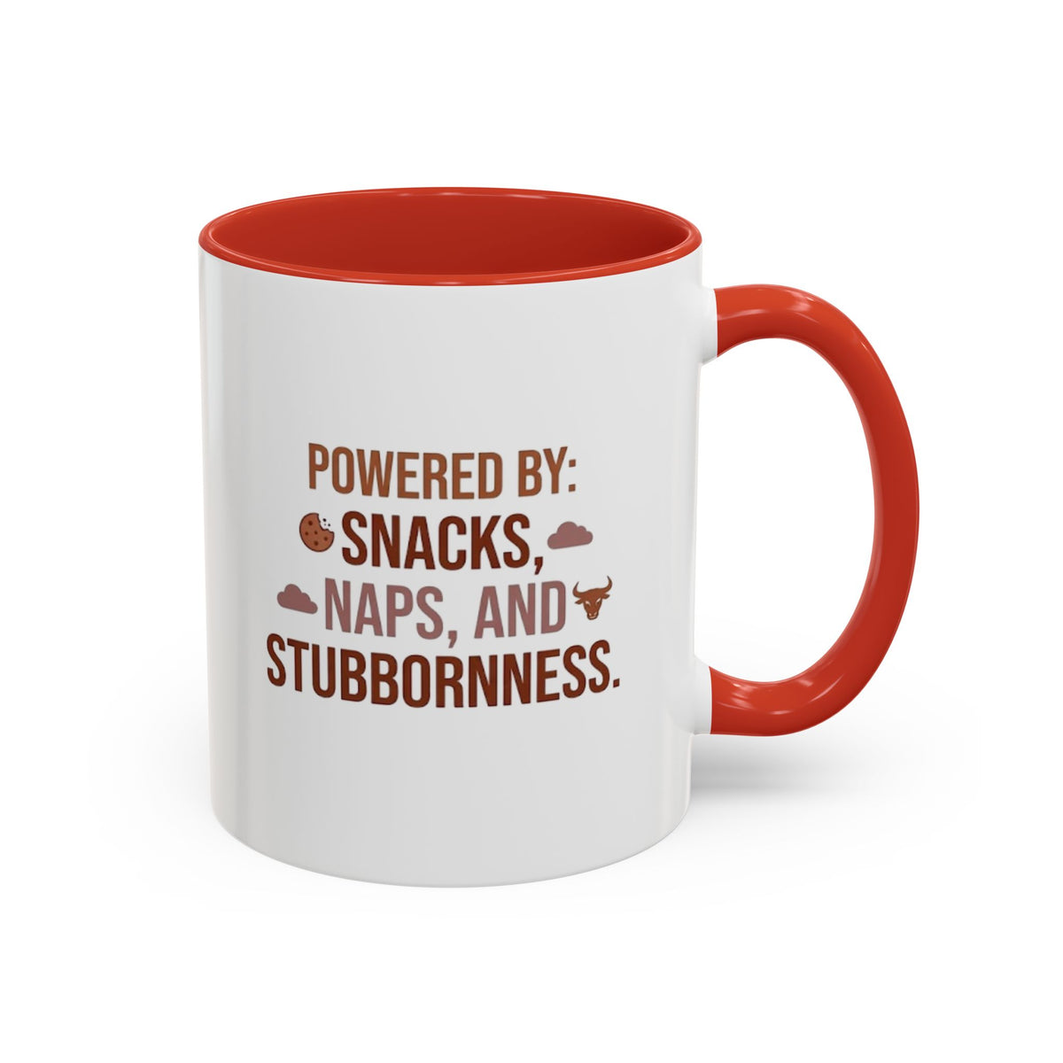 Taurus Coffee Mug - "Powered by Snacks, Naps, and Stubbornness" Accent Ceramic Mug