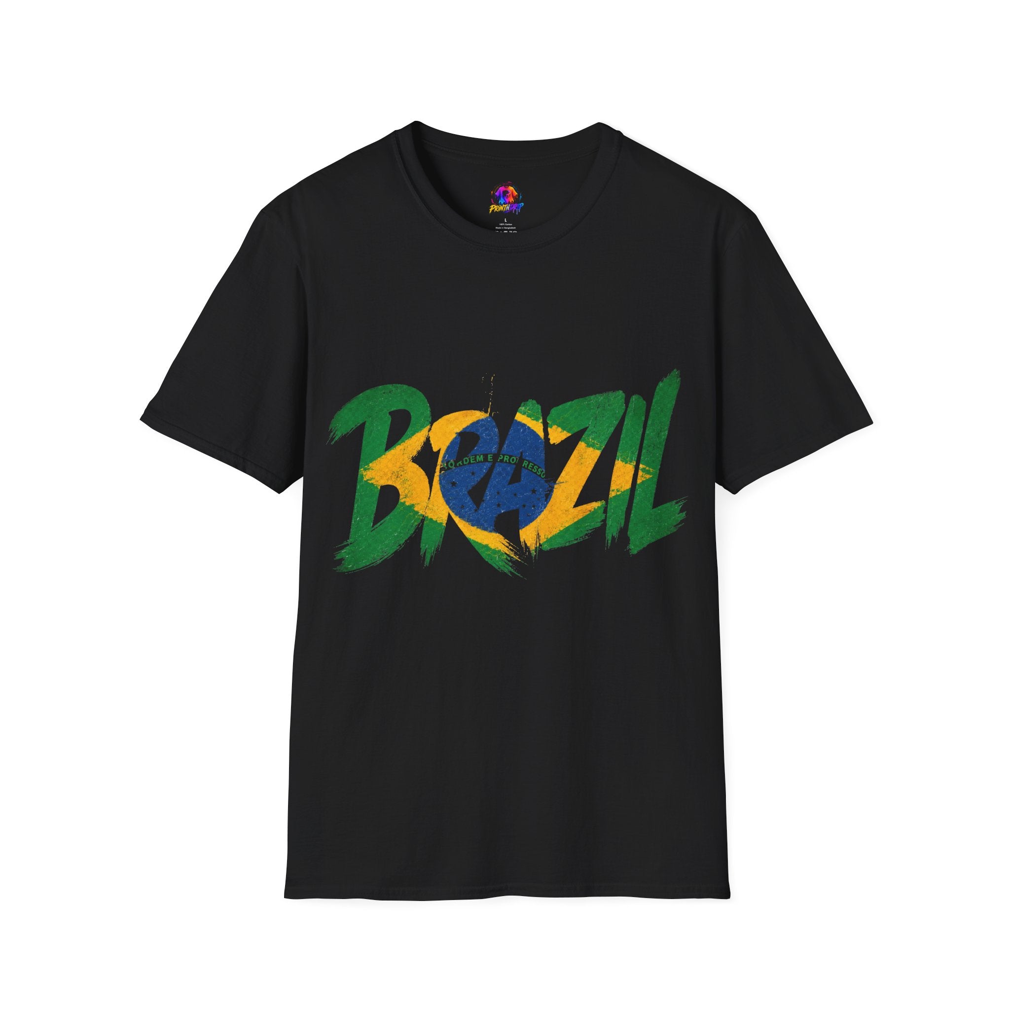 Brazil Flag Graphic T-Shirt — Bold Brazil Script with National Flag Motif