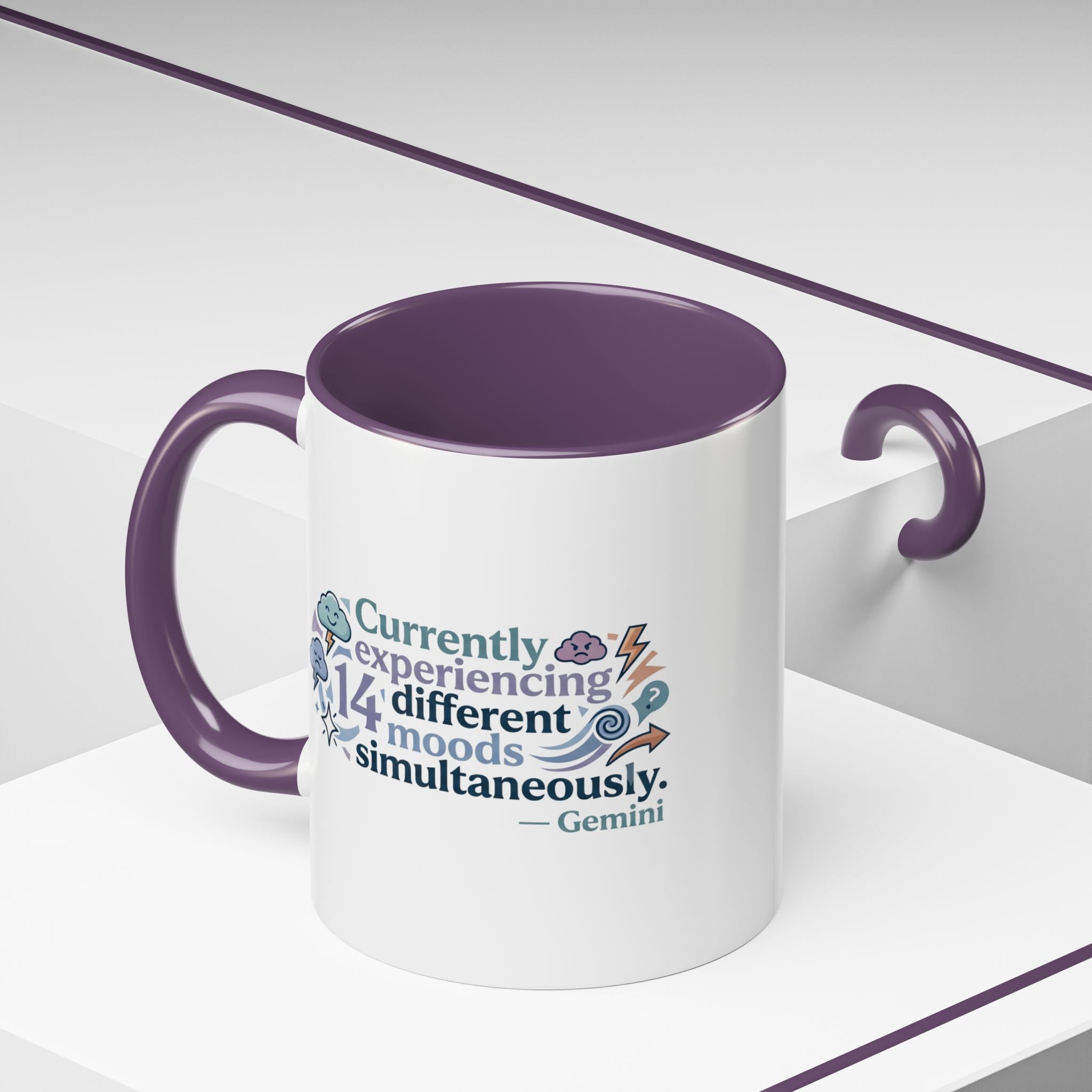 Gemini Mood Coffee Mug — "Currently Experiencing 14 Different Moods" Accent Ceramic Mug