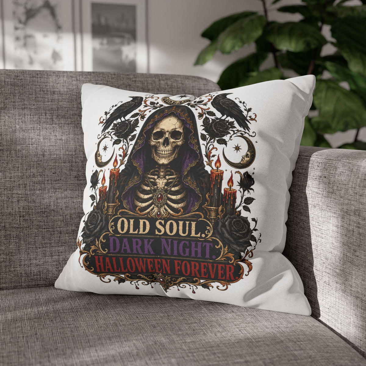 Halloween Skull Pillowcase — "Old Soul Dark Night" Spun Polyester Square Pillow
