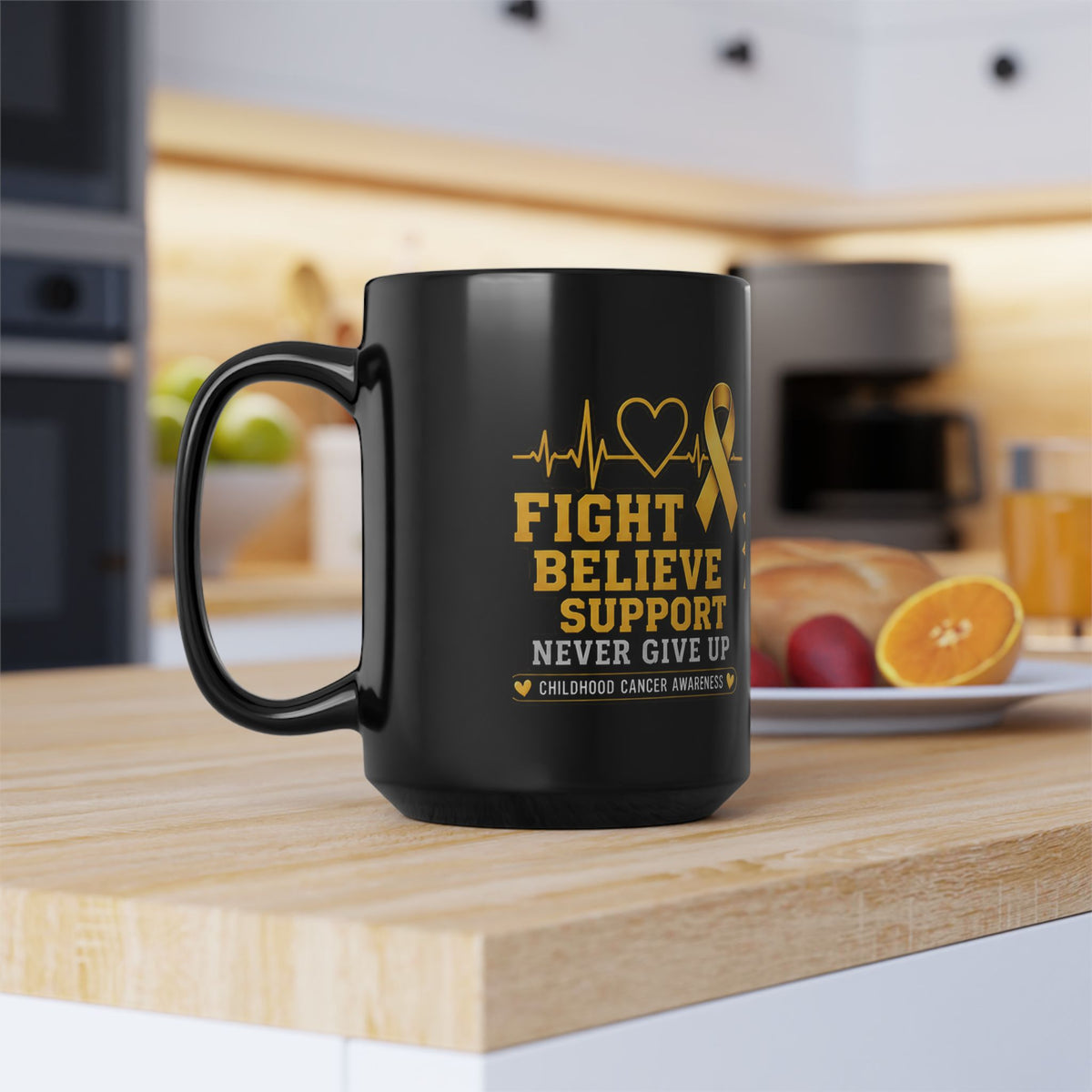 Childhood Cancer Awareness Black Mug — “Fight Believe Support Never Give Up” (11oz, 15oz)