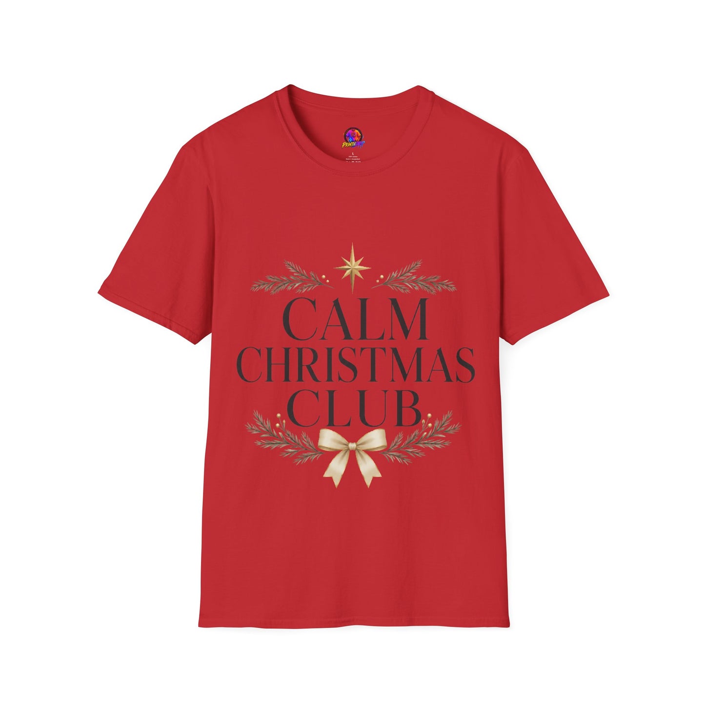 Calm Christmas Club T-Shirt — Holiday Relaxed Tee with Star & Pine Design