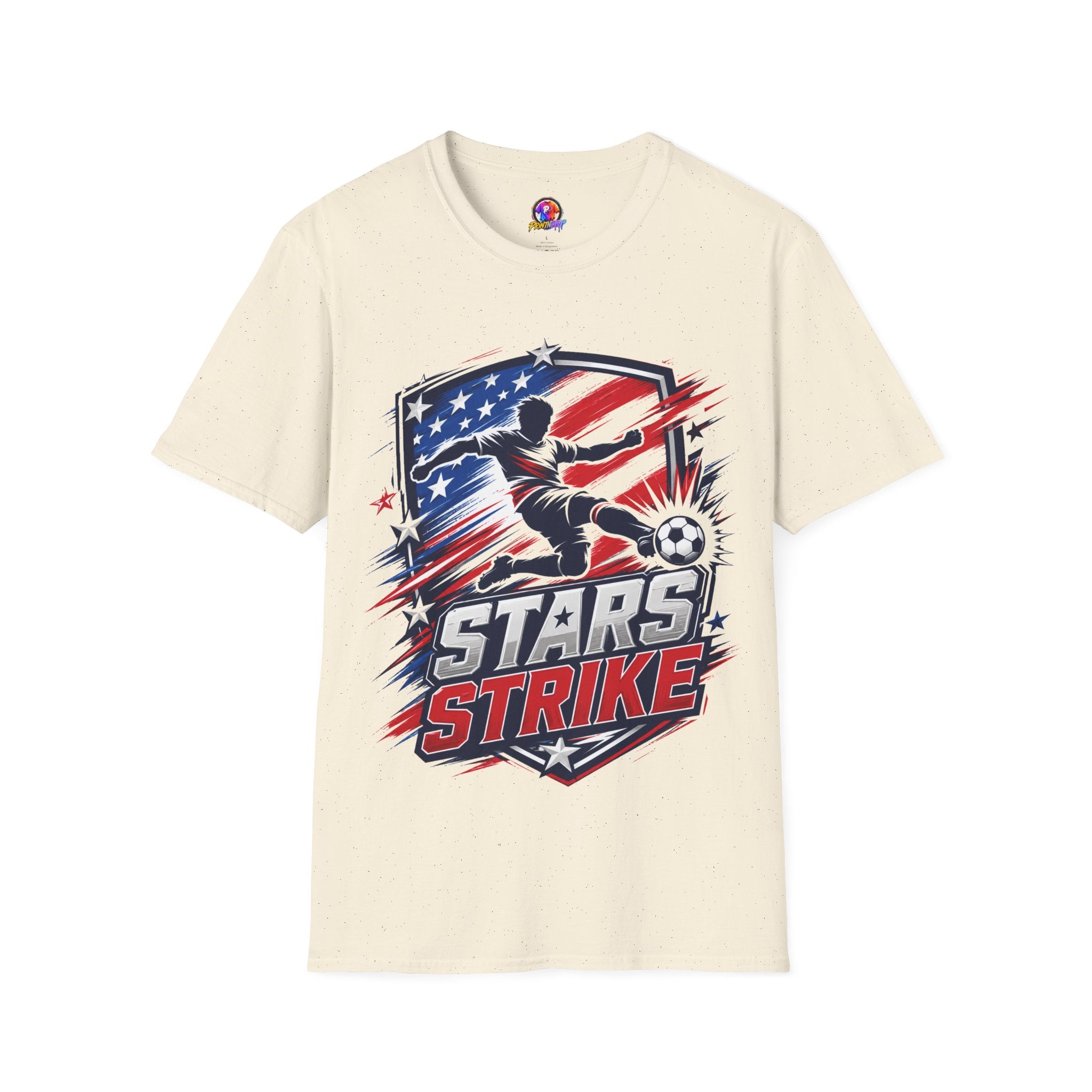 USA Soccer Stars Strike T‑Shirt — American Flag Soccer Player Graphic