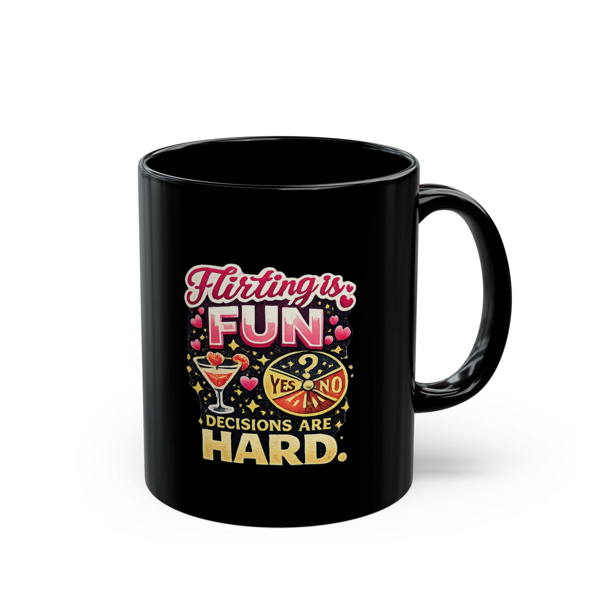 Libra Zodiac Flirting Is Fun Black Coffee Mug — Funny "Decisions Are Hard" Cocktail Design