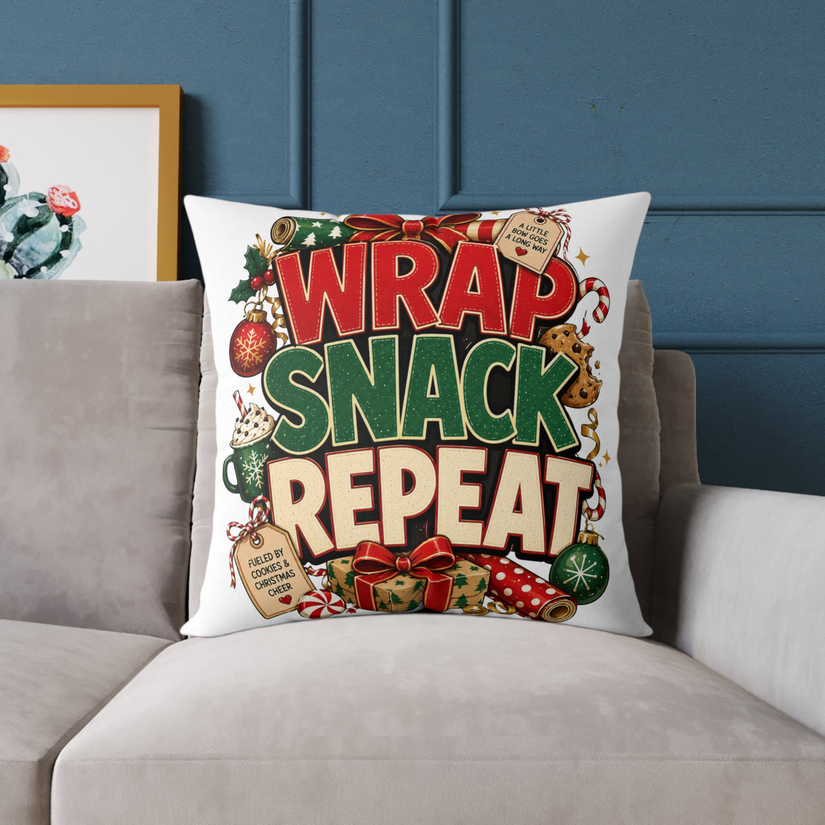 Christmas Holiday Pillow - "Wrap Snack Repeat" Christmas Decorative Throw Pillow