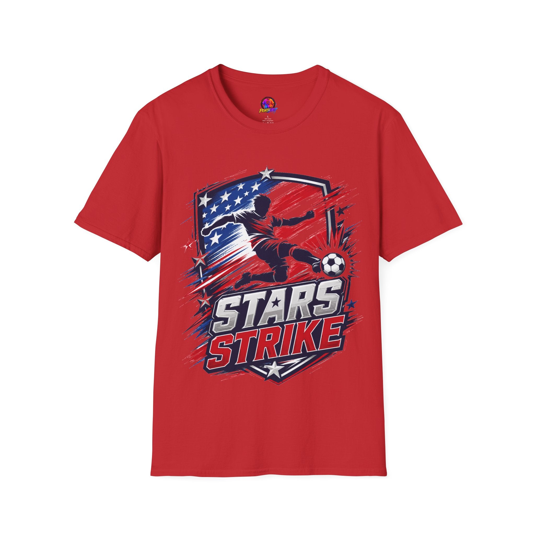 USA Soccer Stars Strike T‑Shirt — American Flag Soccer Player Graphic